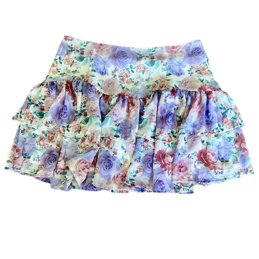 Miami flower print tiered mini skirt. Size large